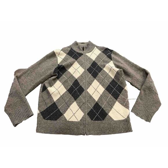 J.Crew Mens Brown Full Zip Diamond Argyle Long Sleeve Lambswool Sweater Size XL - Picture 1 of 10